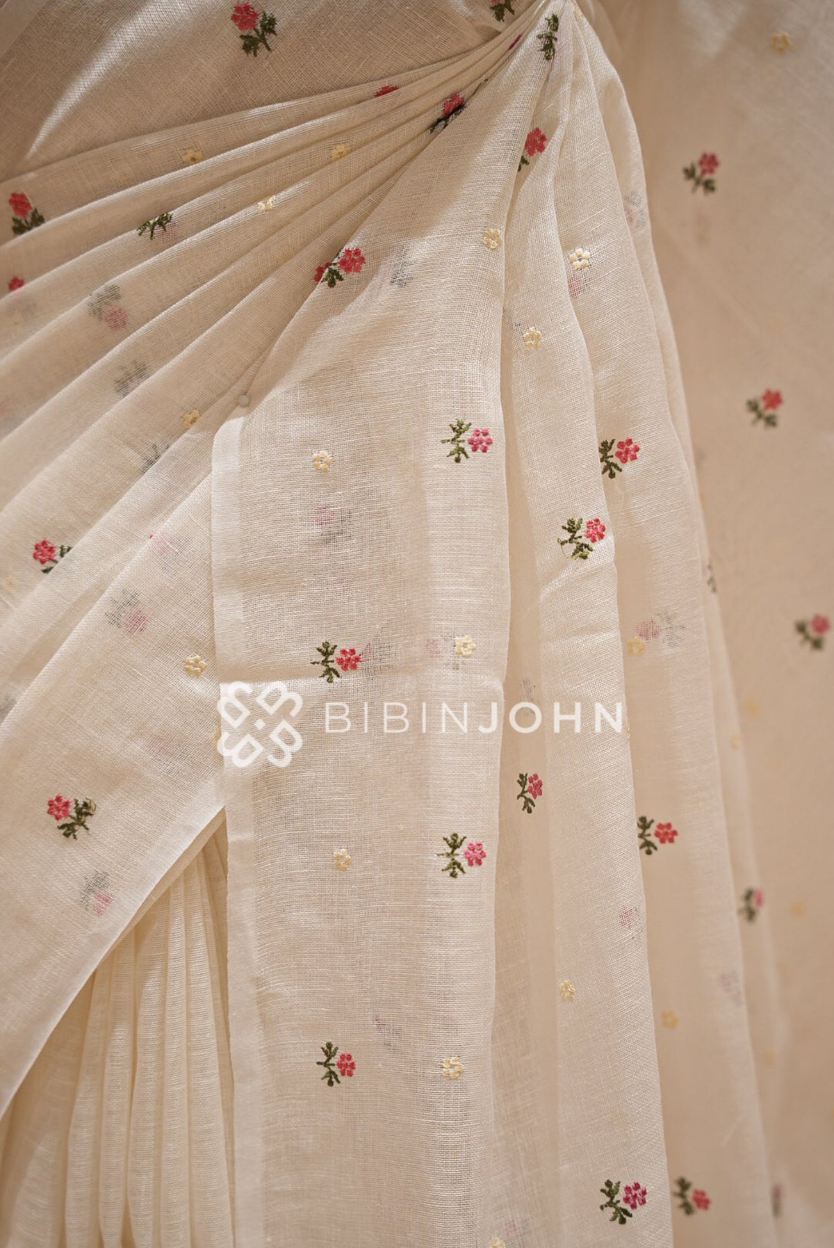 Linen Embroidery Saree Ivory-White BJ0945