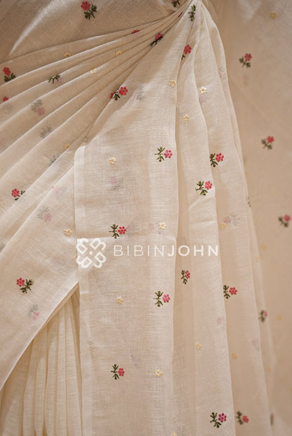 Linen Embroidery Saree Ivory-White BJ0945