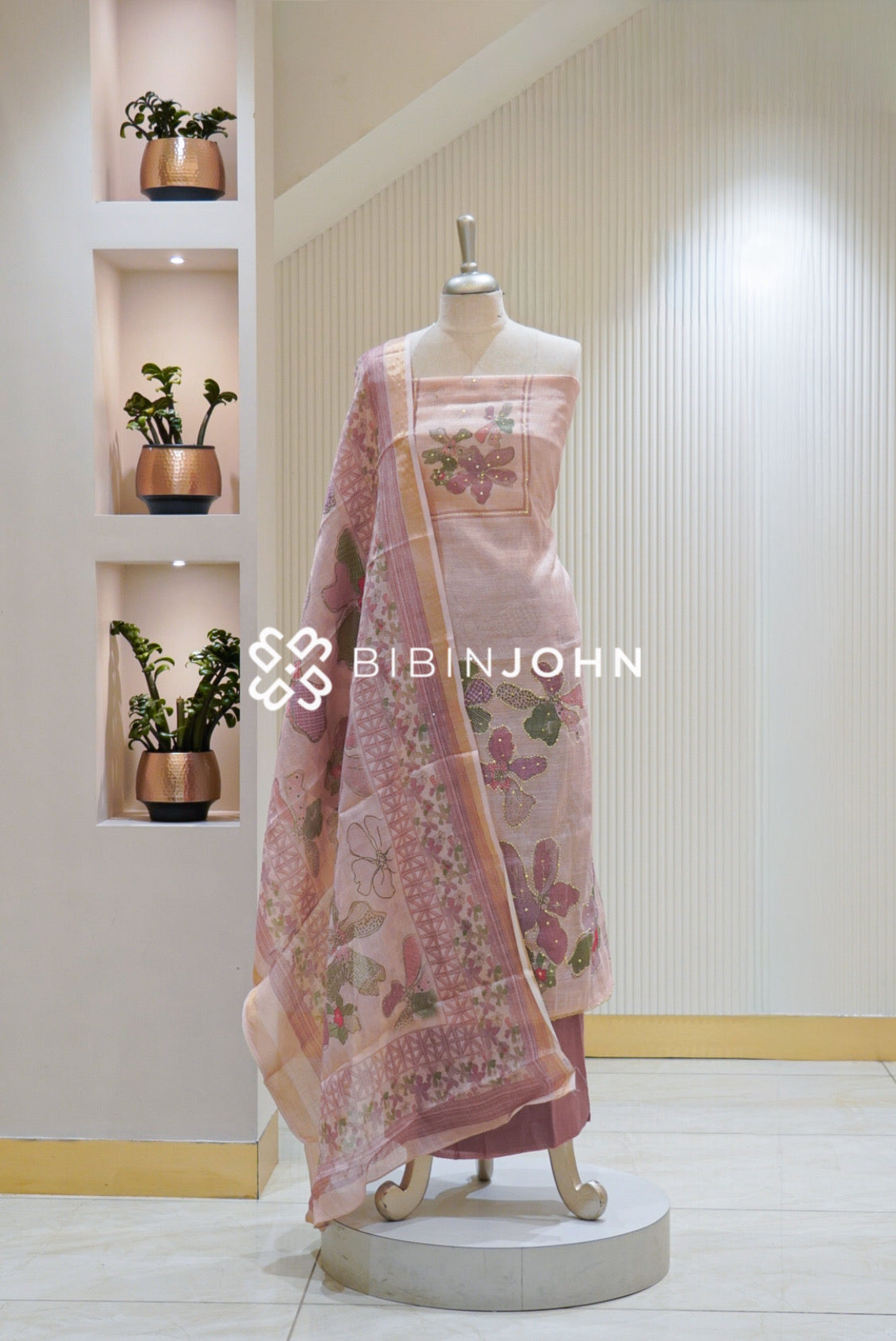 Tissue Linen Embroidery Unstitched Salwar Suit Material Pastel Pink BJ2468