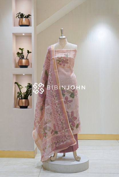 Tissue Linen Embroidery Unstitched Salwar Suit Material Pastel Pink BJ2468