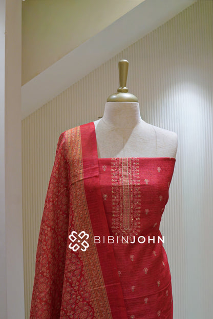 Semi Silk Embroidery Unstitched Salwar Suit Material Coral Red BJ2536