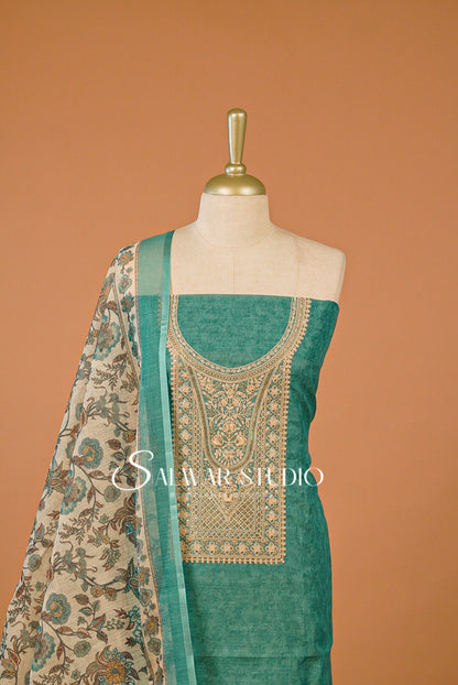 Silk Embroidery Unstitched Salwar Suit Dress Material Turquoise Blue AC0210
