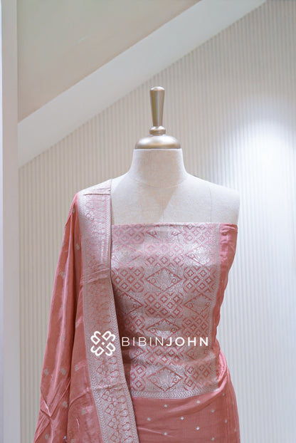 Silk Banarasi Unstitched Salwar Suit Materials Peach Pink BJ1687
