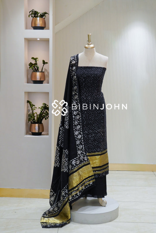 Semi Silk Batik Unstitched Salwar Suit Material Black BJ2156