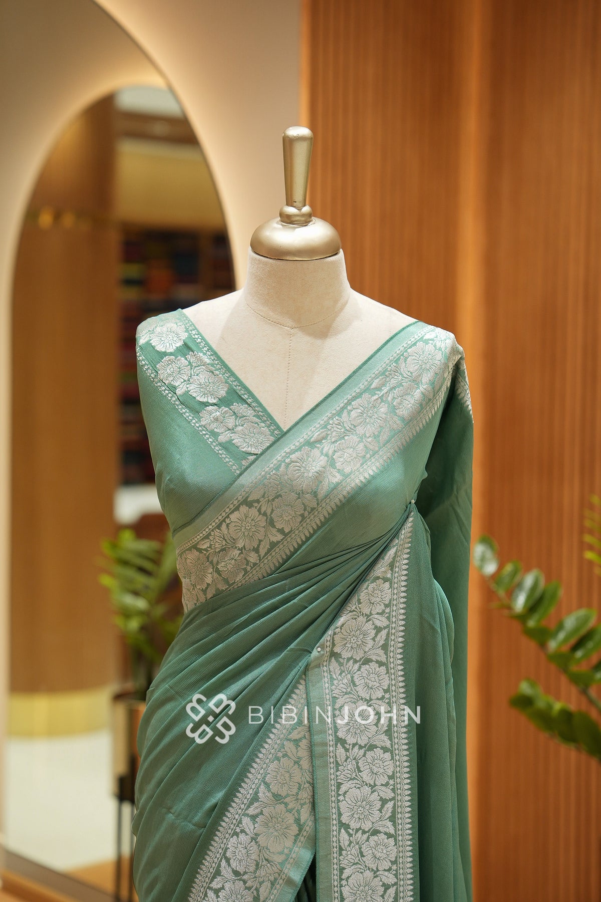 Chiffon Banarasi Saree For Women Sage Green BJ2541