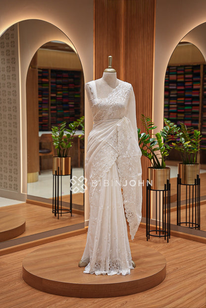Cotta Applique Saree White BJ1016