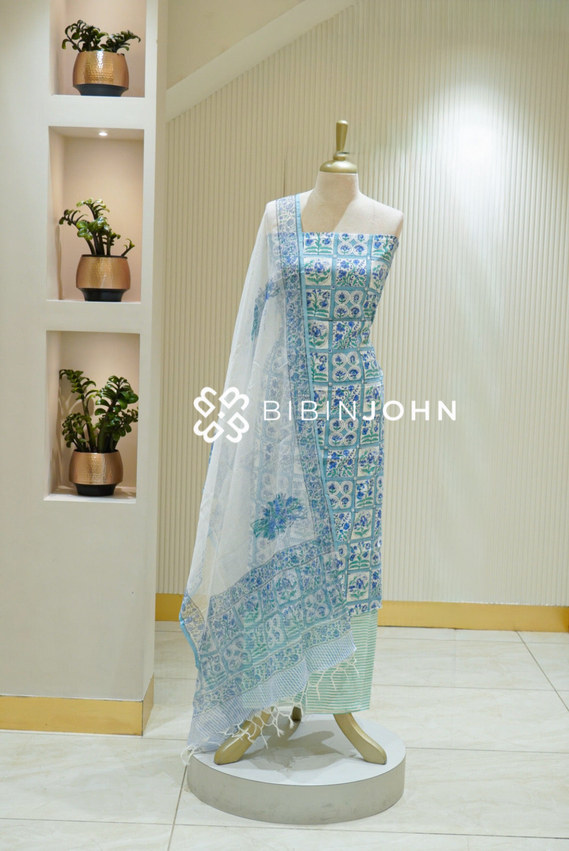 Printed Cotton Unstitched Salwar Suit Material Off White With Sky Blue BJ2834