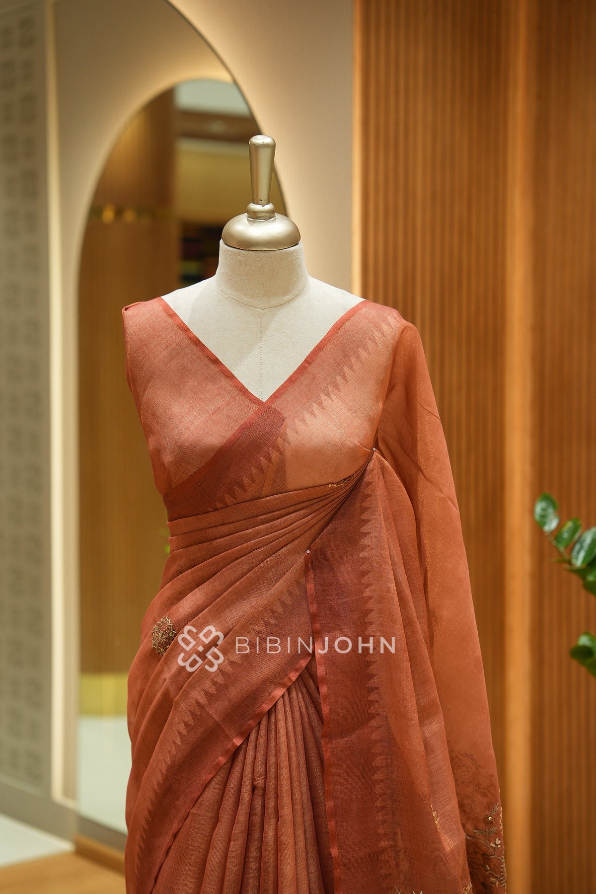 Tissue Linen Embroidery Saree For Women Terracotta Rust BJ2438