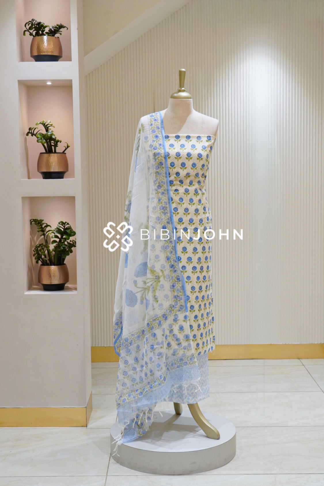Printed Cotton Unstitched Salwar Suit Material White with Royal Blue BJ2810