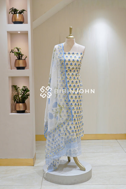 Printed Cotton Unstitched Salwar Suit Material White with Royal Blue BJ2810