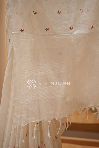 Linen Embroidery Saree Ivory-White BJ0943