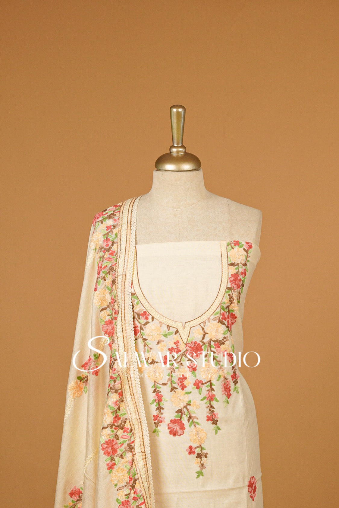Semi Silk Embroidery Unstitched Salwar Suit Material Ivory Close View.