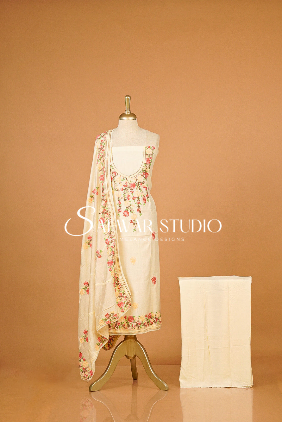 Semi Silk Embroidery Unstitched Salwar Suit Material Ivory 