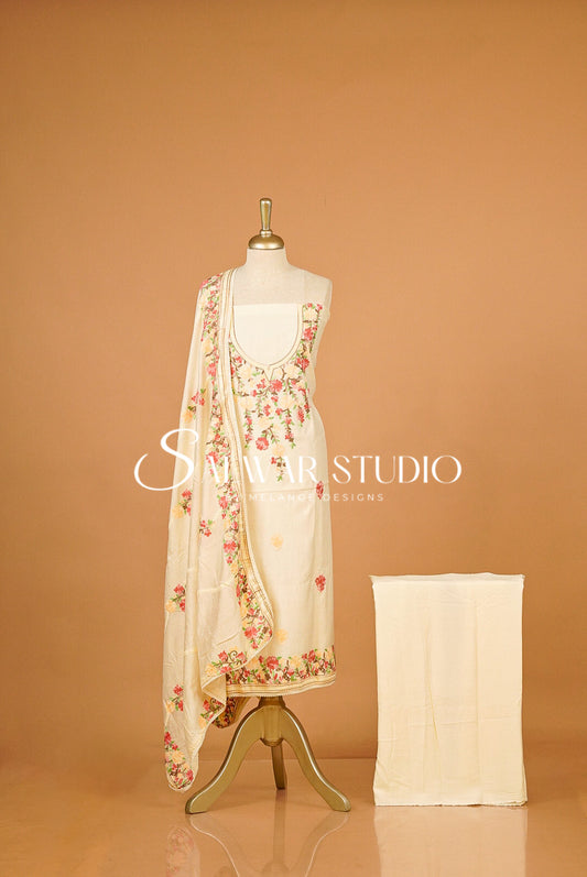 Semi Silk Embroidery Unstitched Salwar Suit Material Ivory 