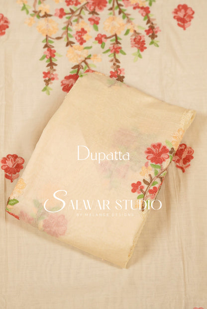 Semi Silk Embroidery Unstitched Salwar Suit Material Ivory  Dupatta.
