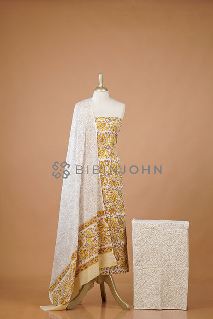 Printed Cotton Unstitched Salwar Suit Material Ivory