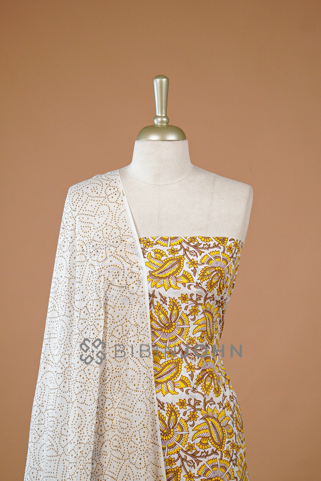 Printed Cotton Unstitched Salwar Suit Material Ivory Close view