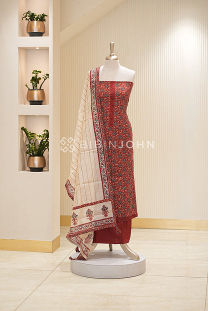Cotton Embroidery Unstitched Salwar Suit Material Rust Red 