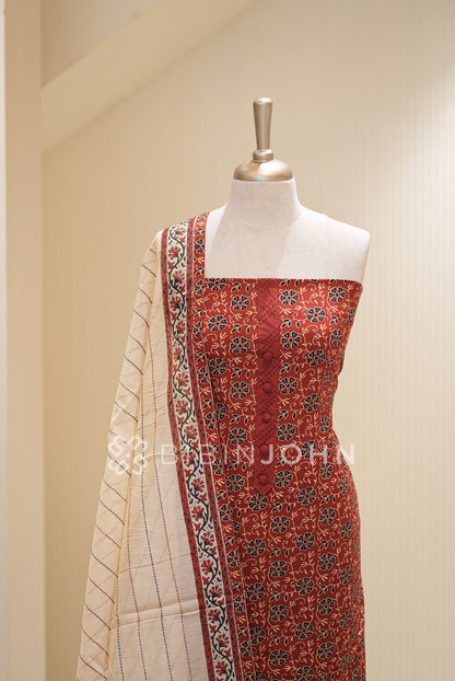 Cotton Embroidery Unstitched Salwar Suit Material Rust Red  CLOSE VIEW