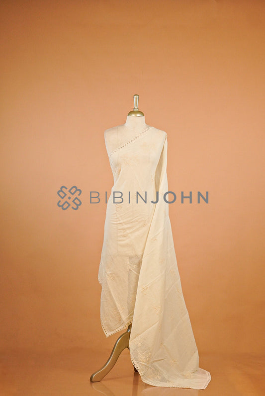 Mul Cotton Embroidery Lace Dupatta Off White 
