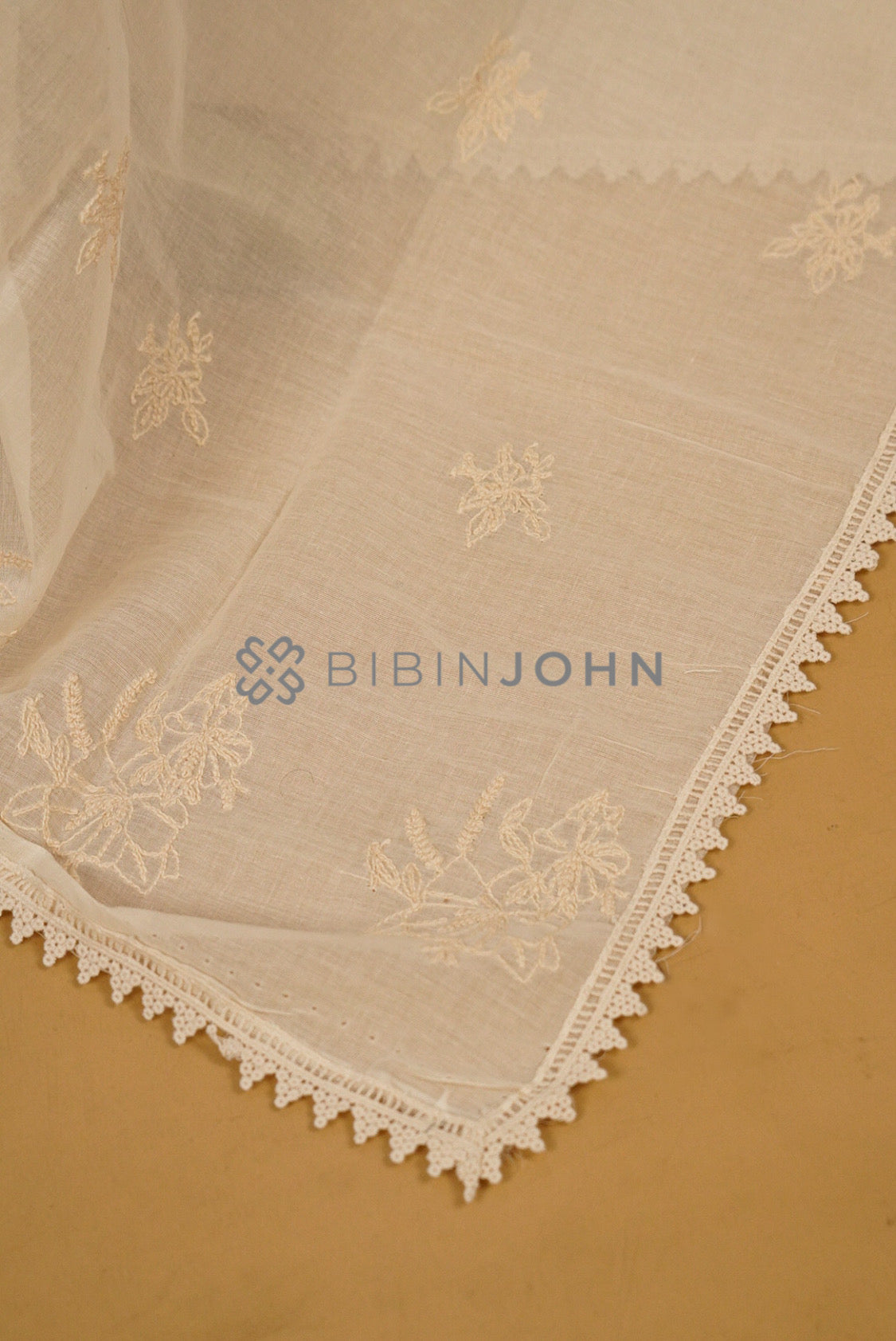 Mul Cotton Embroidery Dupatta For Women Off White  side view.