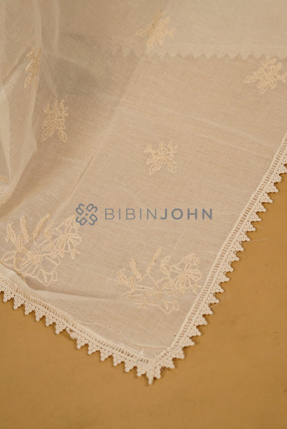 Mul Cotton Embroidery Dupatta For Women Off White  side view.
