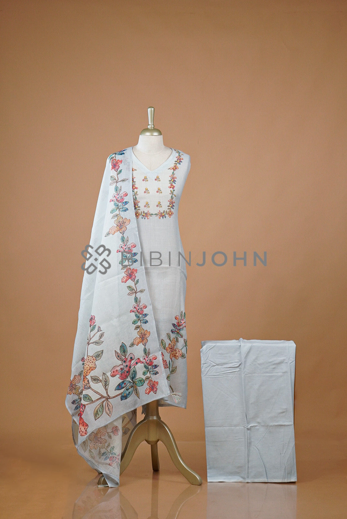 Art Linen Embroidery Semi Stitched Salwar Suit For Women Powder Blue