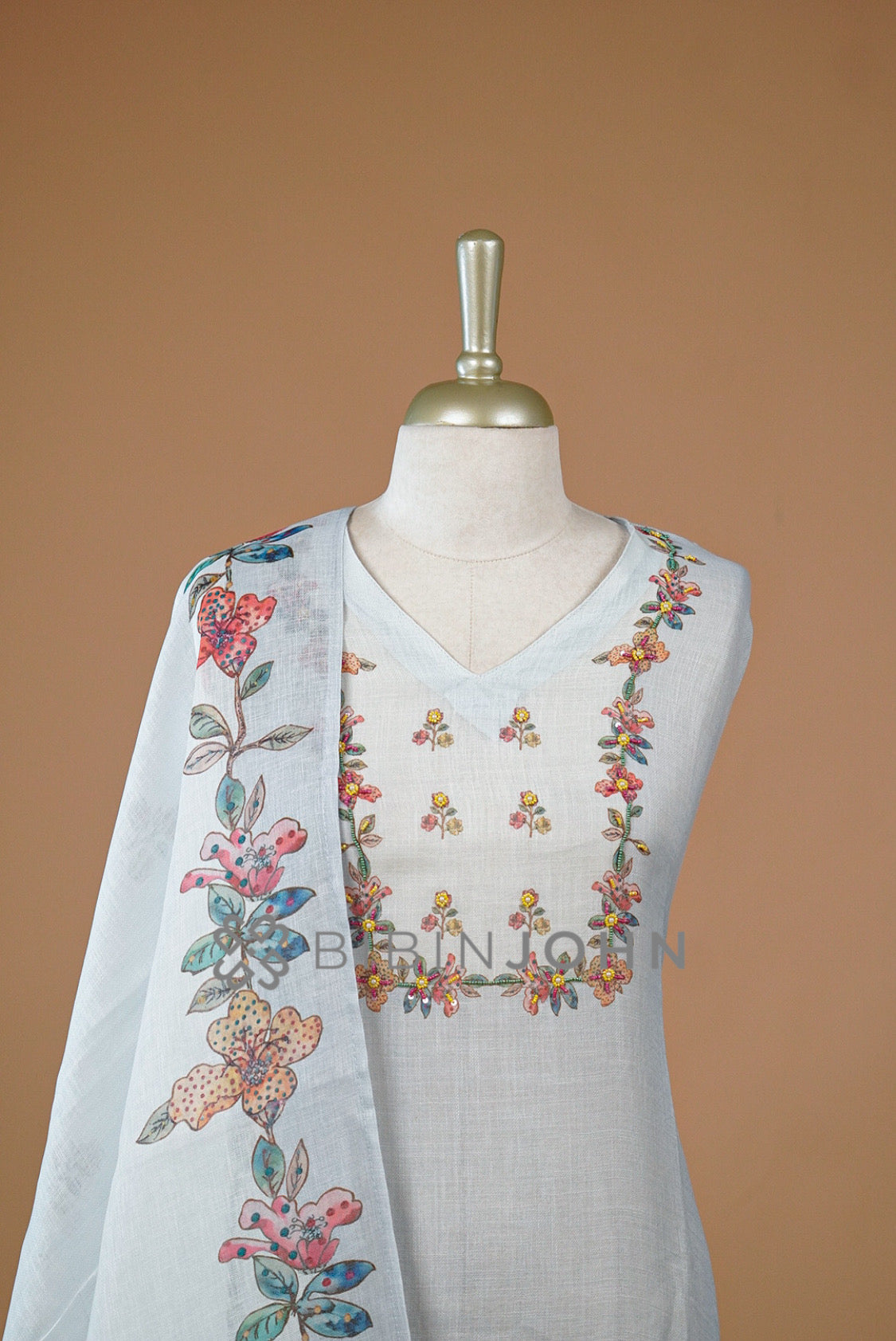 Art Linen Embroidery Semi Stitched Salwar Suit For Women Powder Blue close view