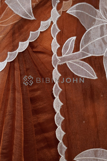 Tissue Organza Applique Saree For Women Rust Brown BJ0644