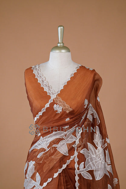 Tissue Organza Applique Saree For Women Rust Brown BJ0644