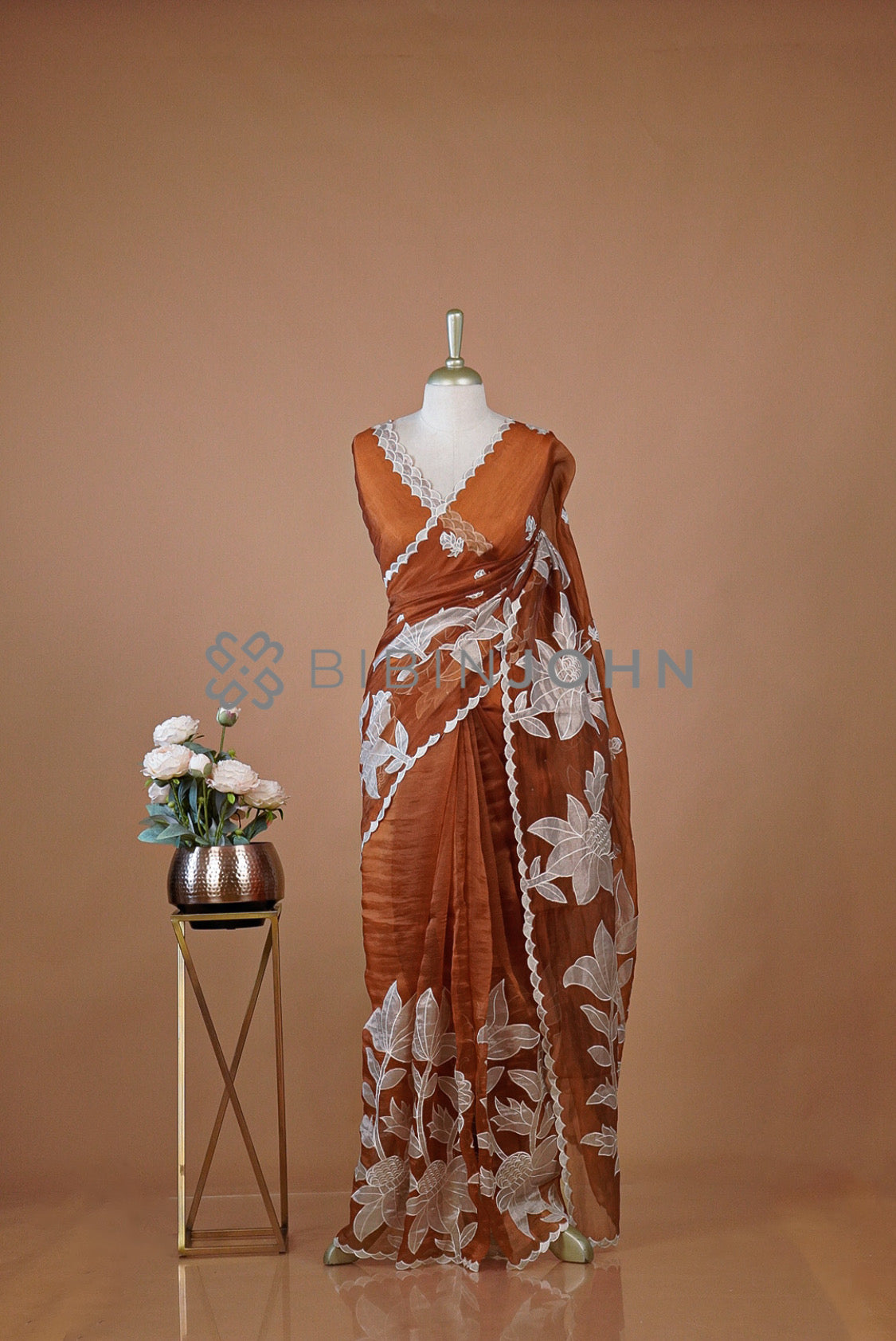 Tissue Organza Applique Saree For Women Rust Brown BJ0644