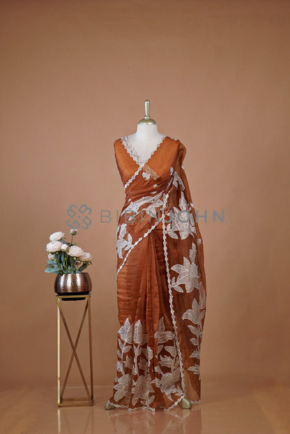Tissue Organza Applique Saree For Women Rust Brown BJ0644