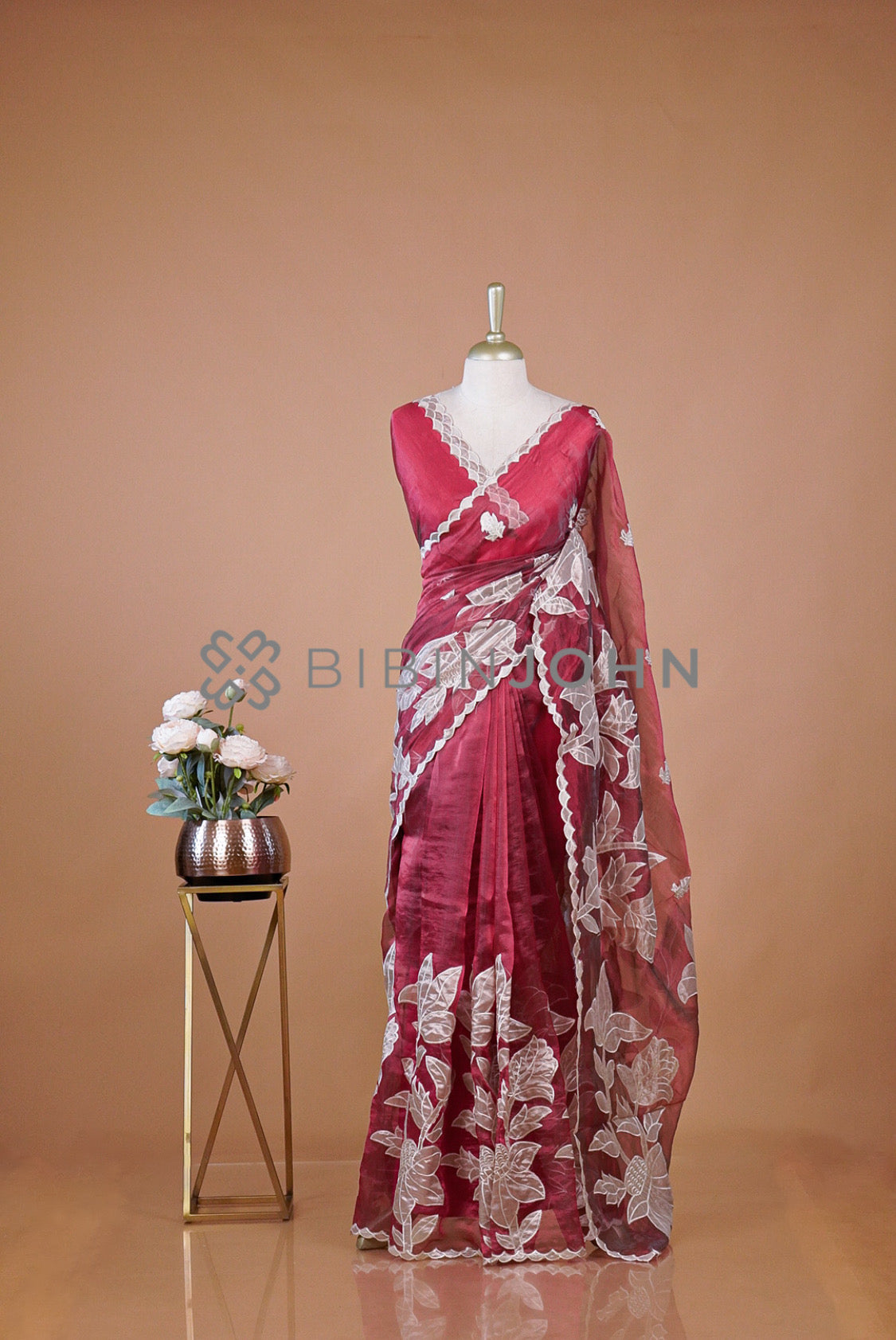 Tissue Organza Applique Saree For Women Deep MagentaBJ0645