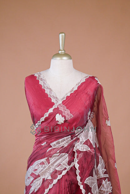Tissue Organza Applique Saree For Women Deep MagentaBJ0645