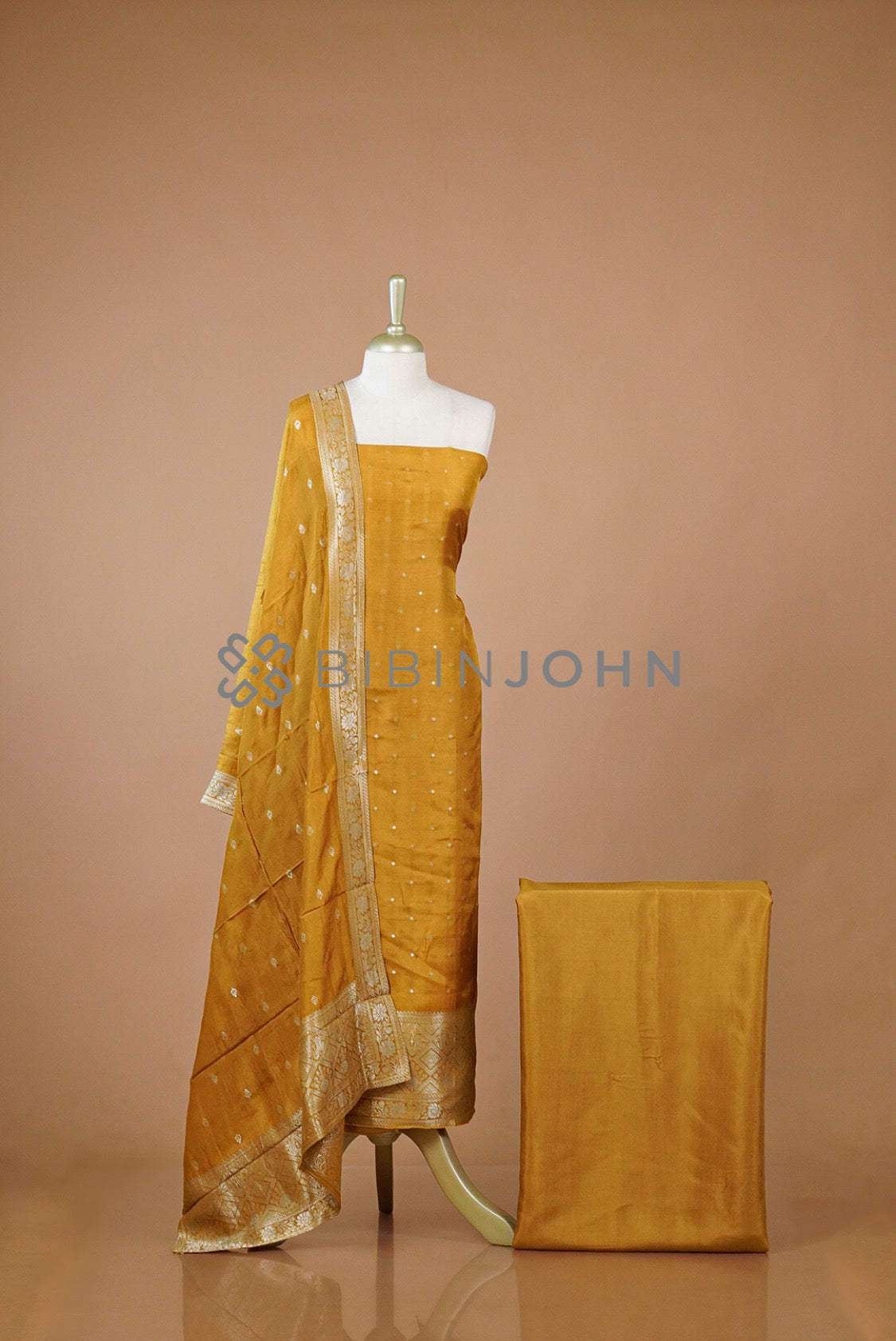 Silk Banarasi Unstitched Salwar Suit Material Mustard Gold