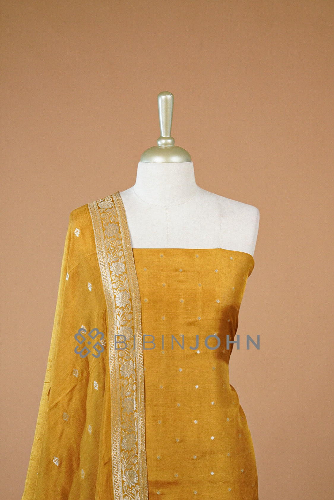 Silk Banarasi Unstitched Salwar Suit Material Mustard Gold close view