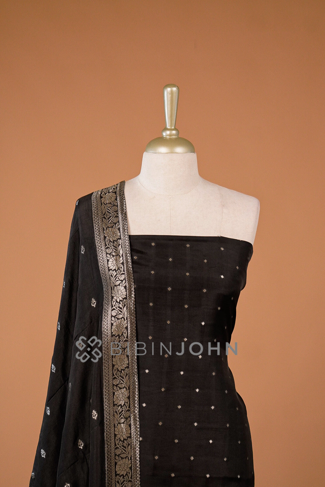 Silk Banarasi Unstitched Salwar Suit Material Black close view