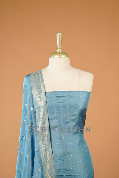 Silk Banarasi Unstitched Salwar Suit Material Dusty Sky Blue Close View.