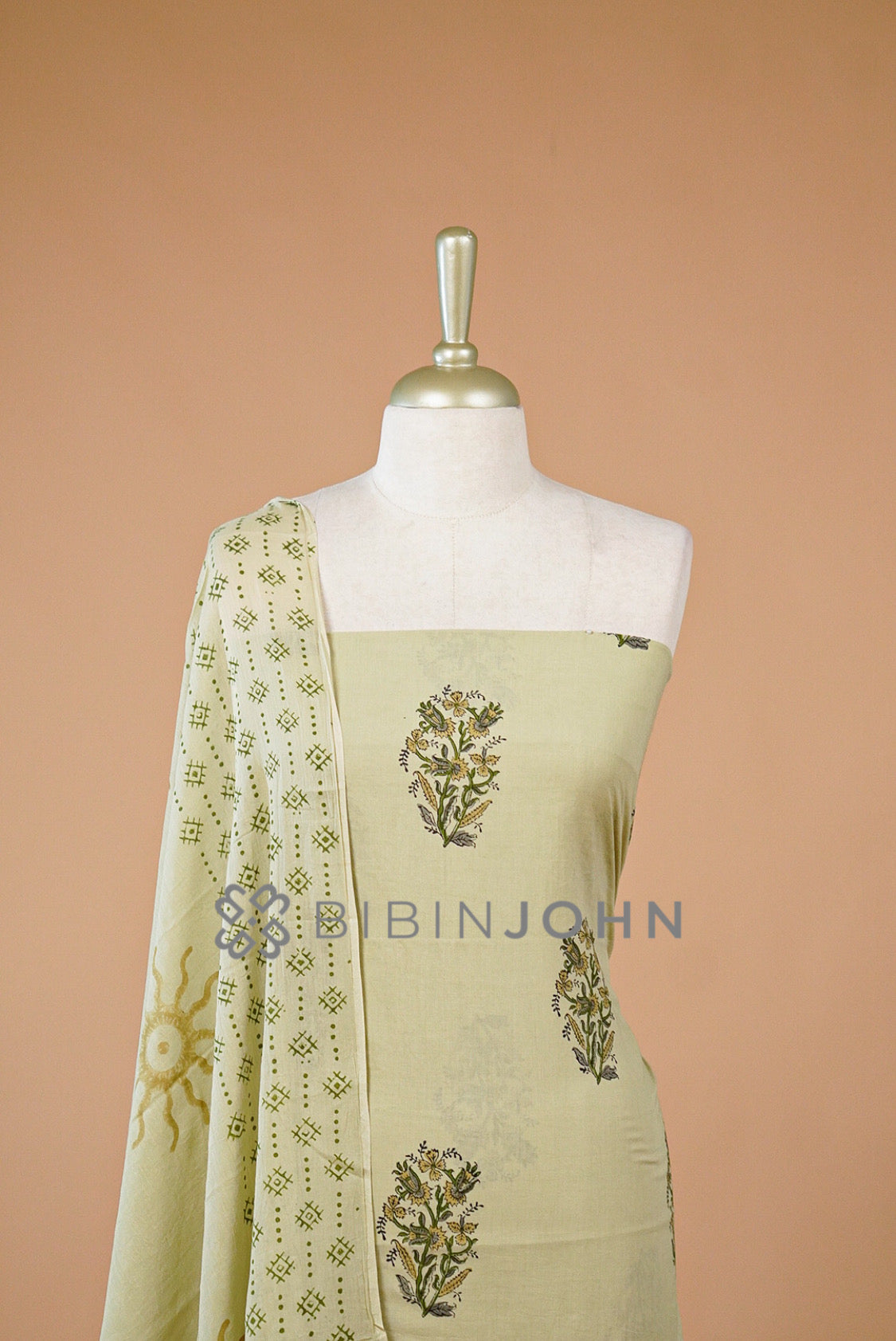 Printed Cotton Unstitched Salwar Suit Material Pistachio close view