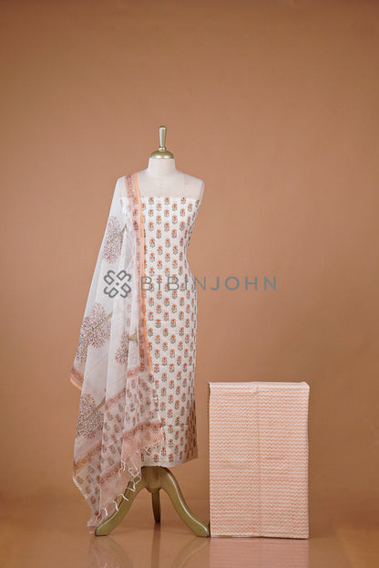 Printed Cotton Unstitched Salwar Suit Material Ivory With  Peach Orange