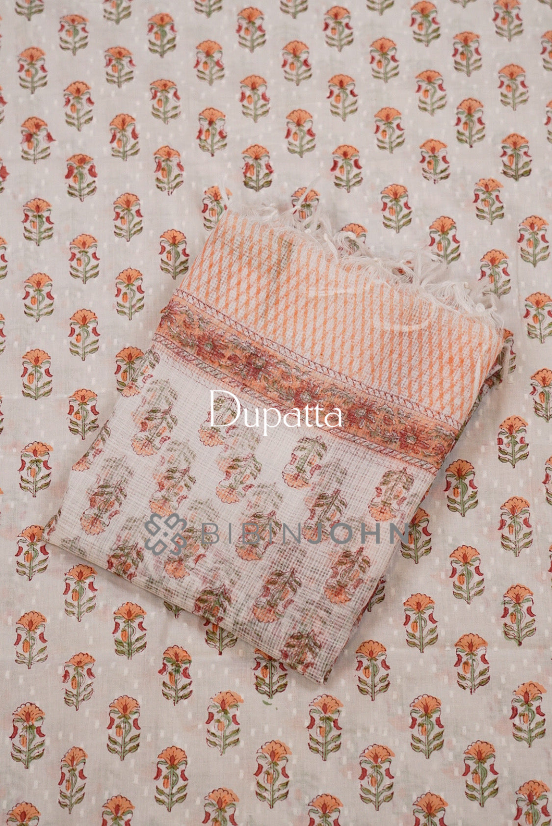 Printed Cotton Unstitched Salwar Suit Material Ivory With  Peach Orange dupatta.