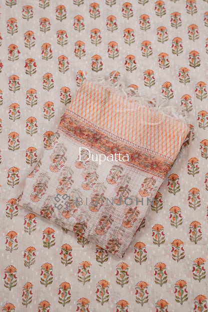 Printed Cotton Unstitched Salwar Suit Material Ivory With  Peach Orange dupatta.