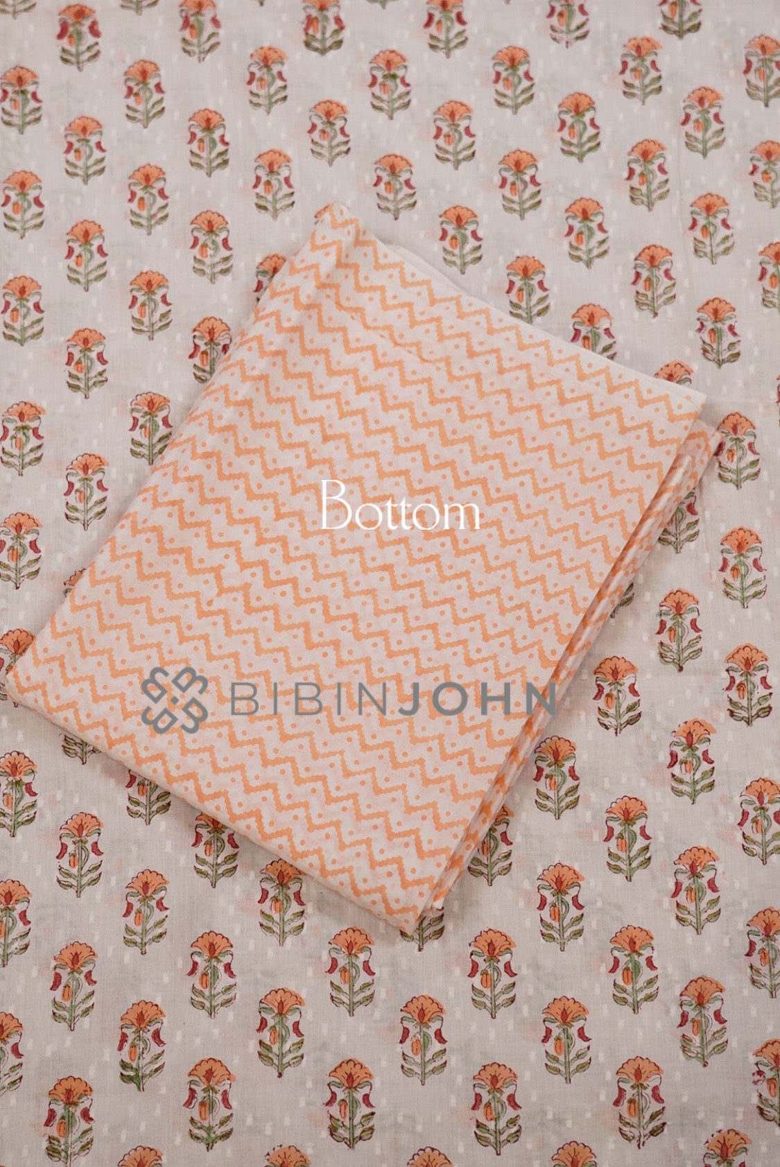 Printed Cotton Unstitched Salwar Suit Material Ivory With  Peach Orange bottom