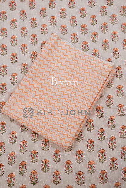 Printed Cotton Unstitched Salwar Suit Material Ivory With  Peach Orange bottom