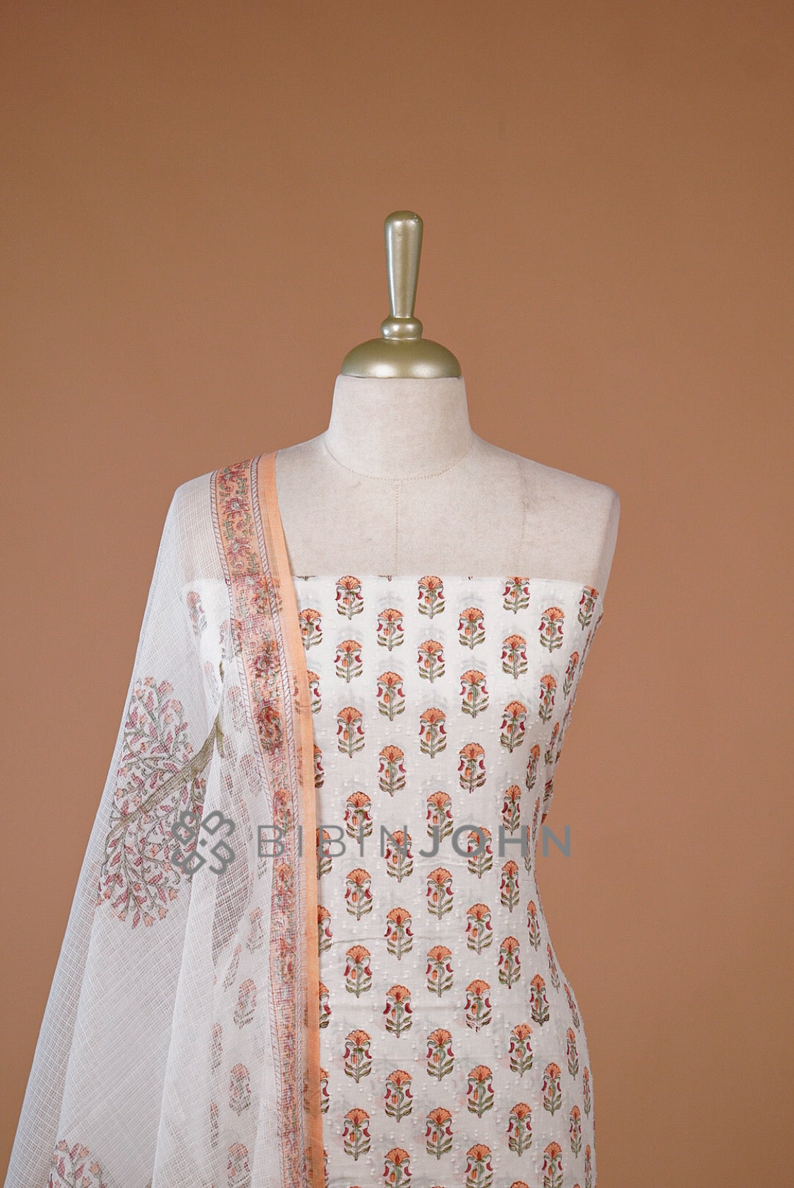 Printed Cotton Unstitched Salwar Suit Material Ivory With  Peach Orange close view