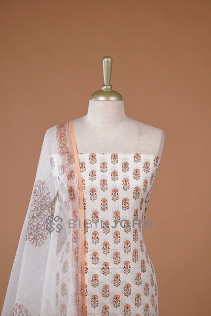 Printed Cotton Unstitched Salwar Suit Material Ivory With  Peach Orange close view