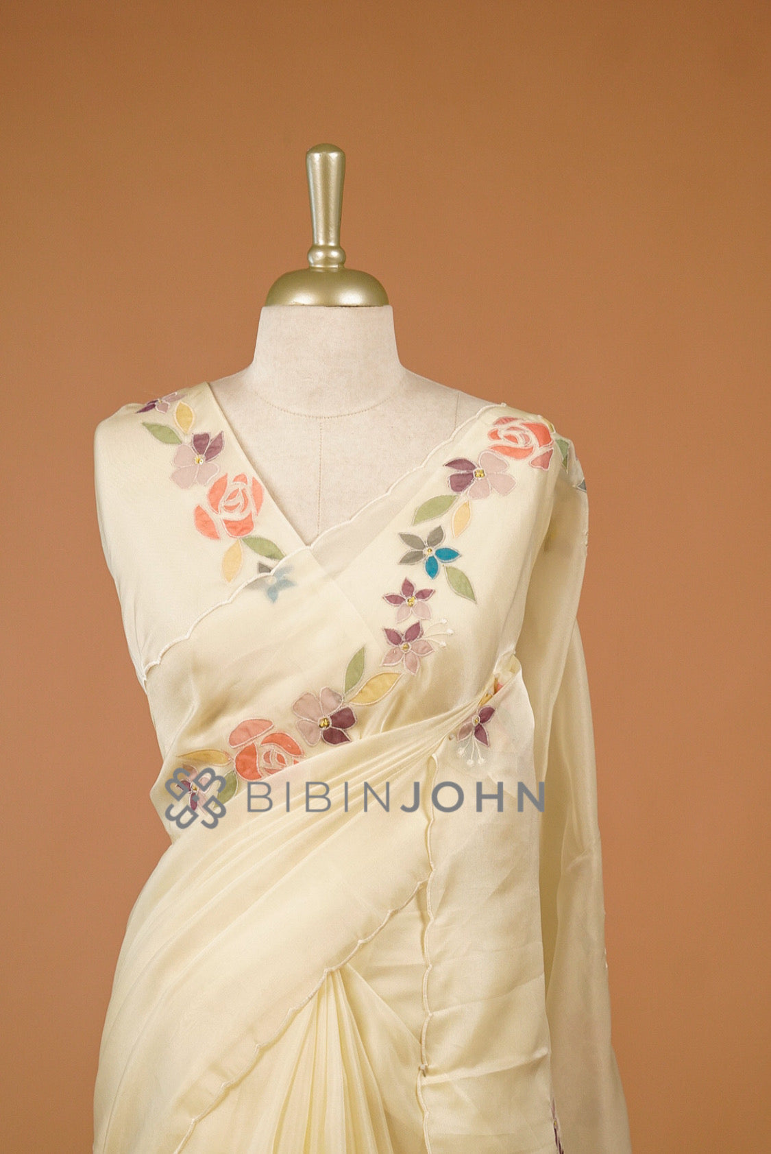 Tissue Organza Embroidery Saree For Women Ivory Cream Close View.