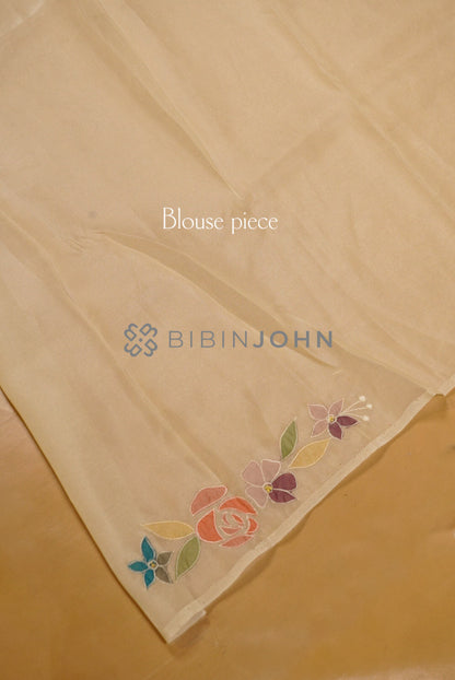 Tissue Organza Embroidery Saree For Women Ivory Cream Blouse Piece.