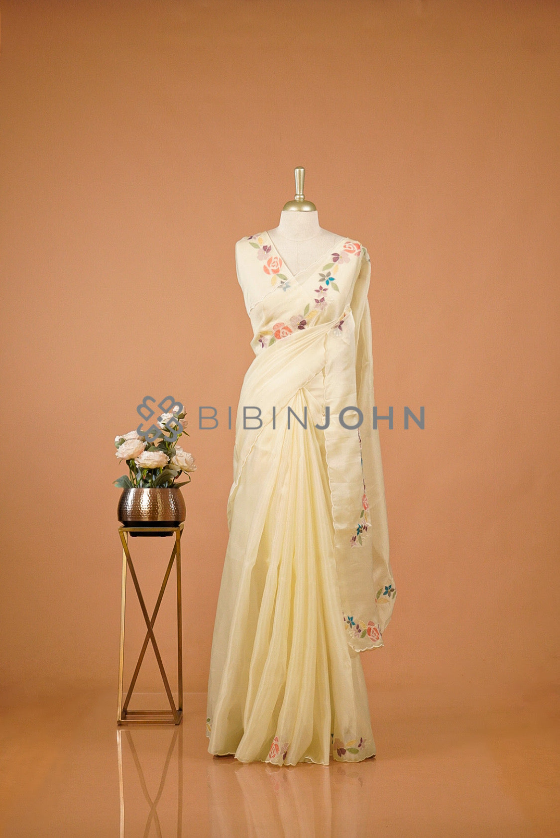 Tissue Organza Embroidery Saree For Women Ivory Cream