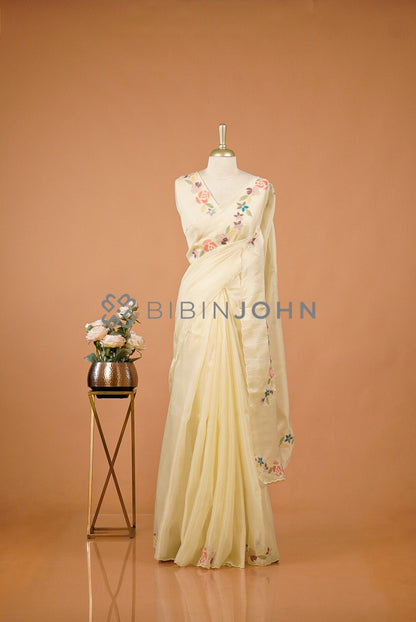 Tissue Organza Embroidery Saree For Women Ivory Cream